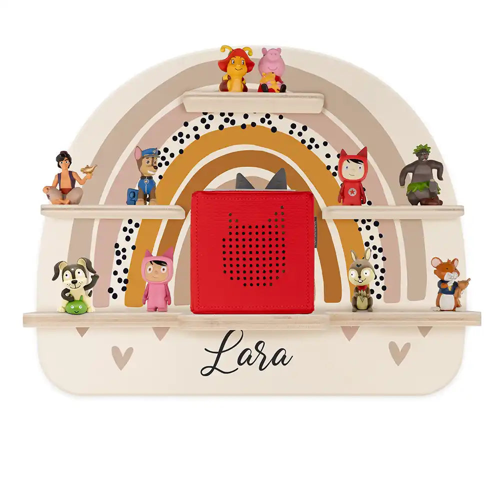 Étagère Toniebox personnalisée Arc-en-ciel 4 – vue principale avec Toniebox 1 et figurines
