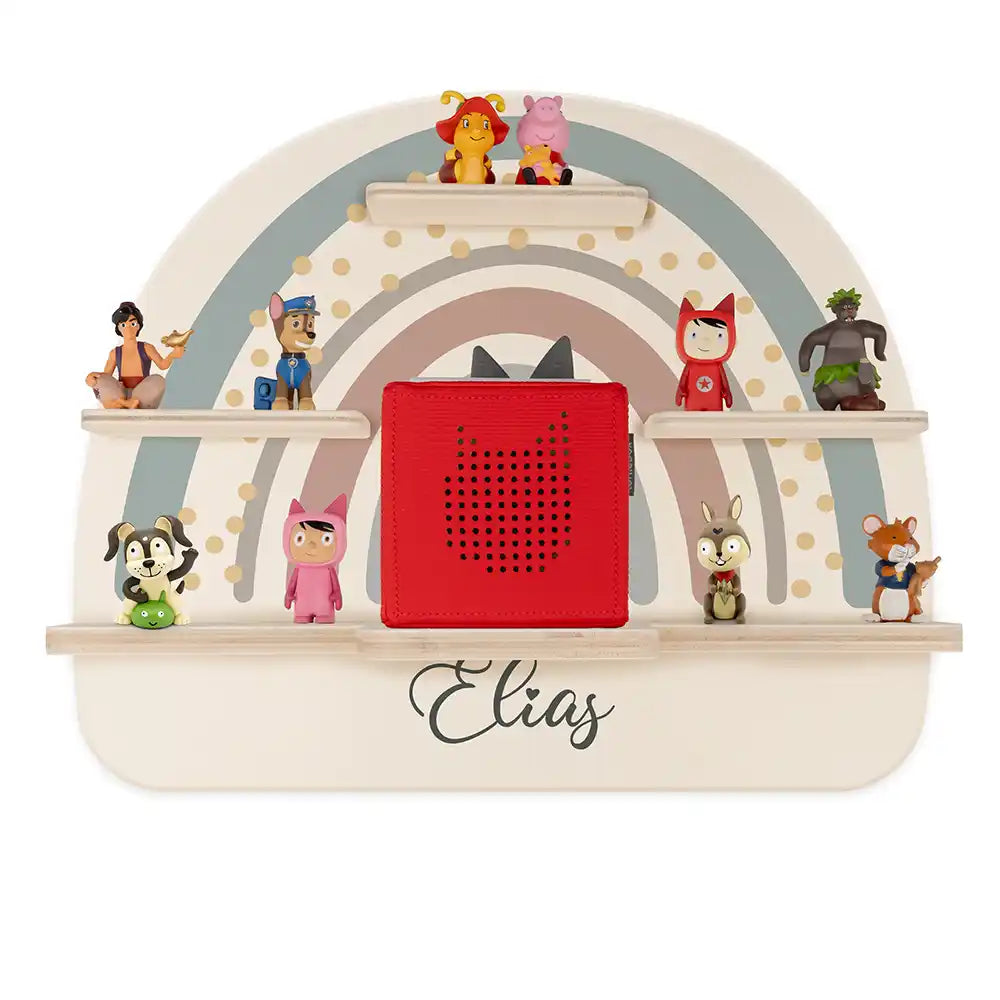 Étagère Toniebox personnalisée Arc-en-ciel 5 – vue principale avec Toniebox 1 et figurines
