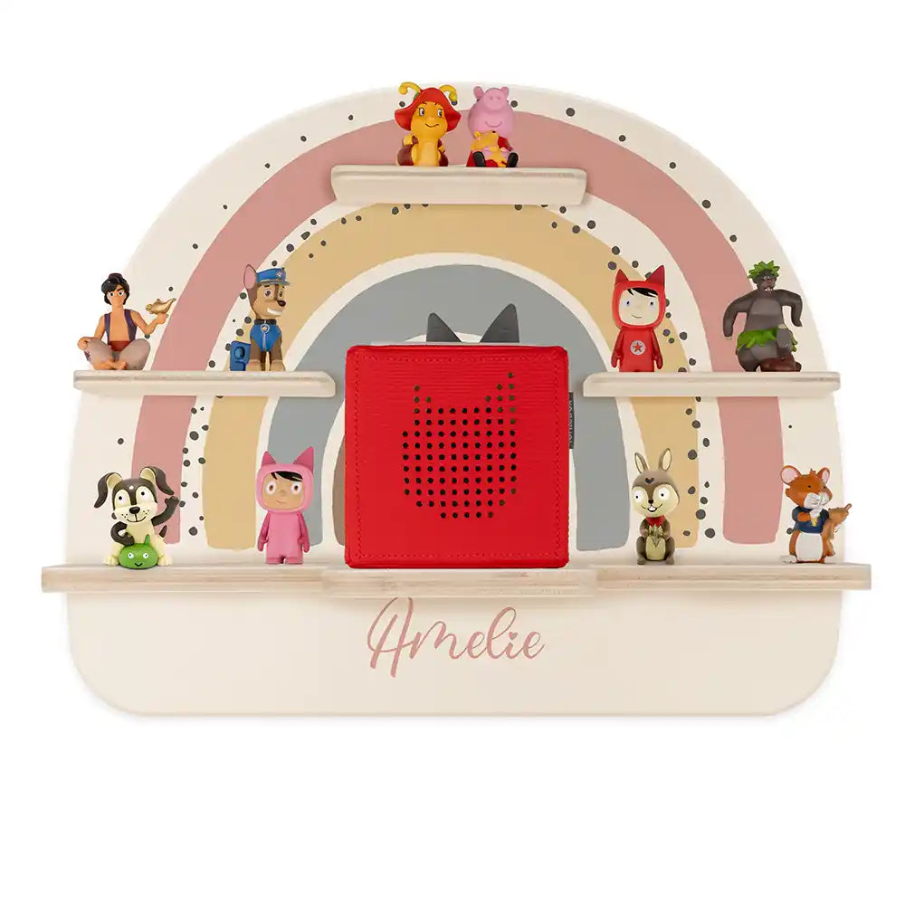 Étagère Toniebox personnalisée Arc-en-ciel 7 – vue principale avec Toniebox 1 et figurines
