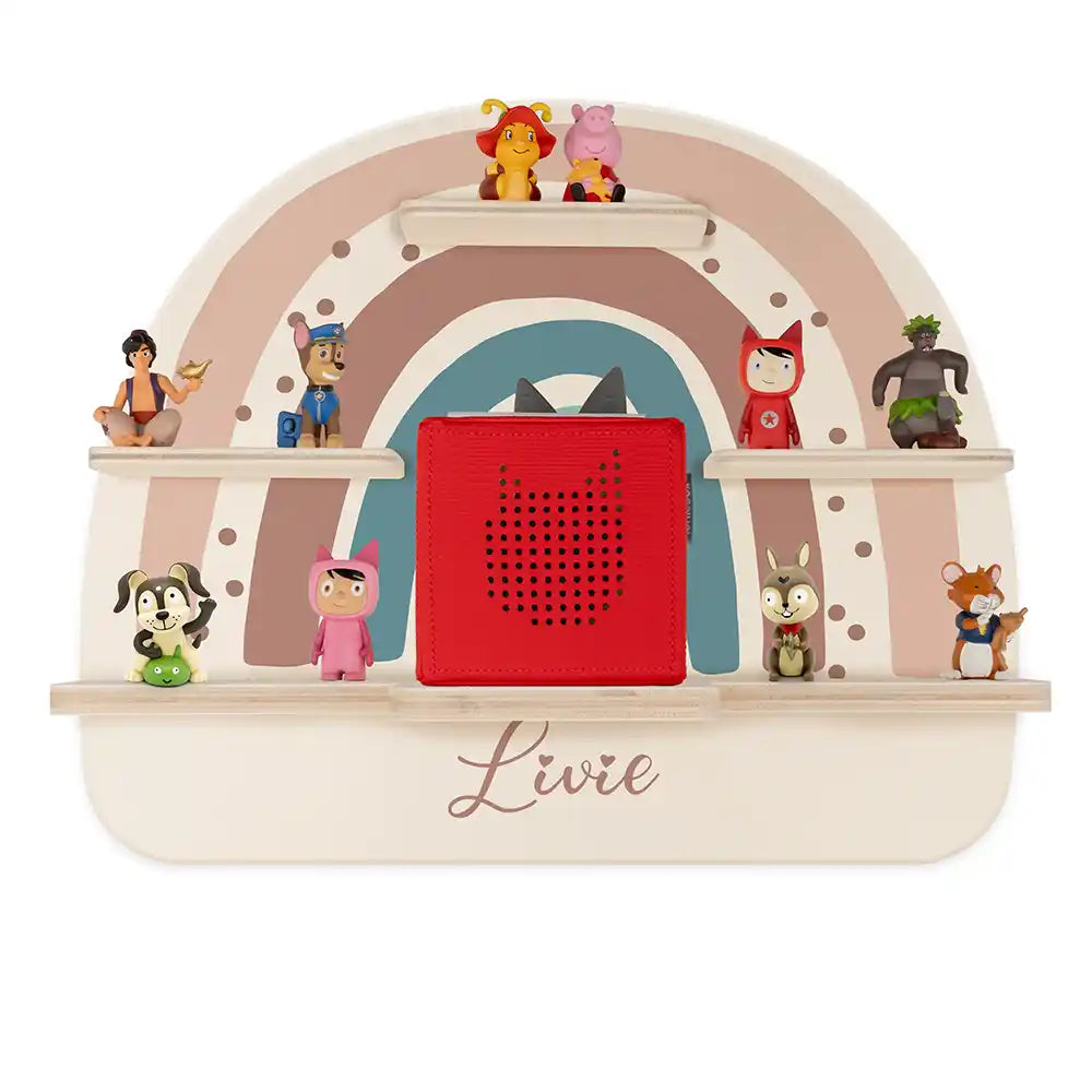Étagère Toniebox personnalisée Arc-en-ciel 9 – vue principale avec Toniebox 1 et figurines
