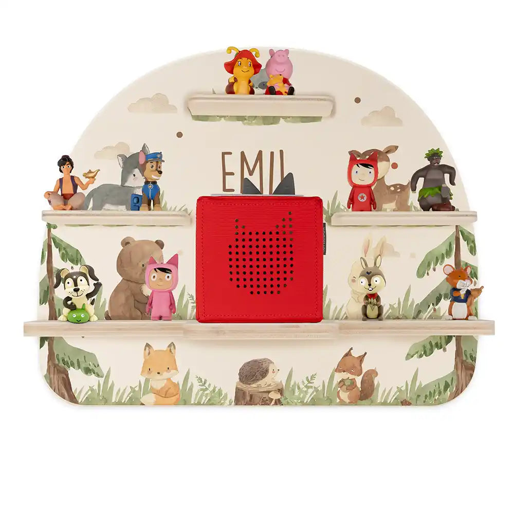 Étagère Toniebox personnalisée Animaux de la forêt – vue principale avec Toniebox 1 et figurines