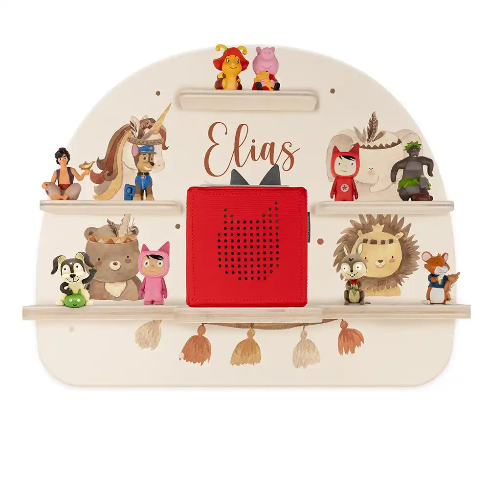 Étagère Toniebox personnalisée Animaux boho – vue principale avec Toniebox 1 et figurines