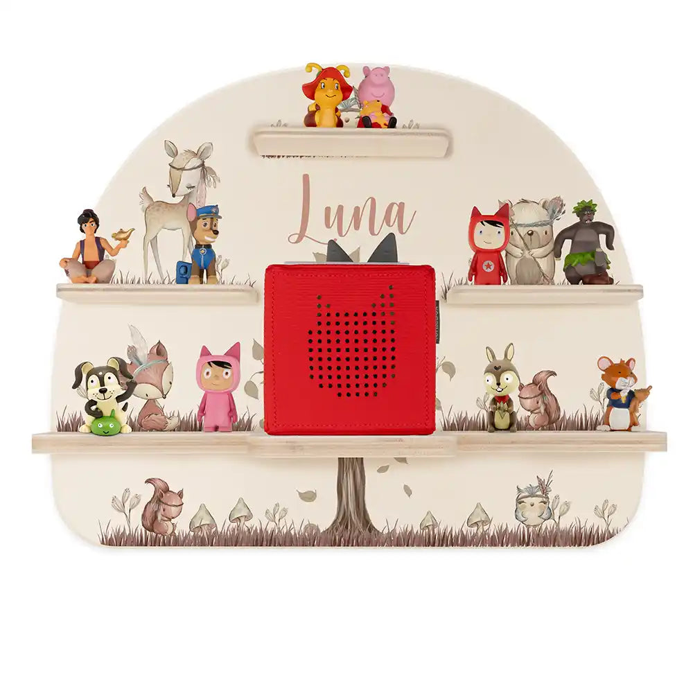 Étagère Toniebox personnalisée Woodland – vue principale avec Toniebox 1 et figurines
