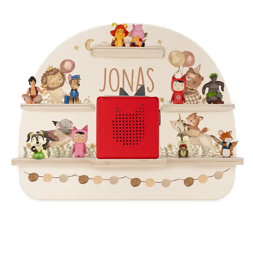 Étagère Toniebox personnalisée Animaux en fête – vue principale avec Toniebox 1 et figurines