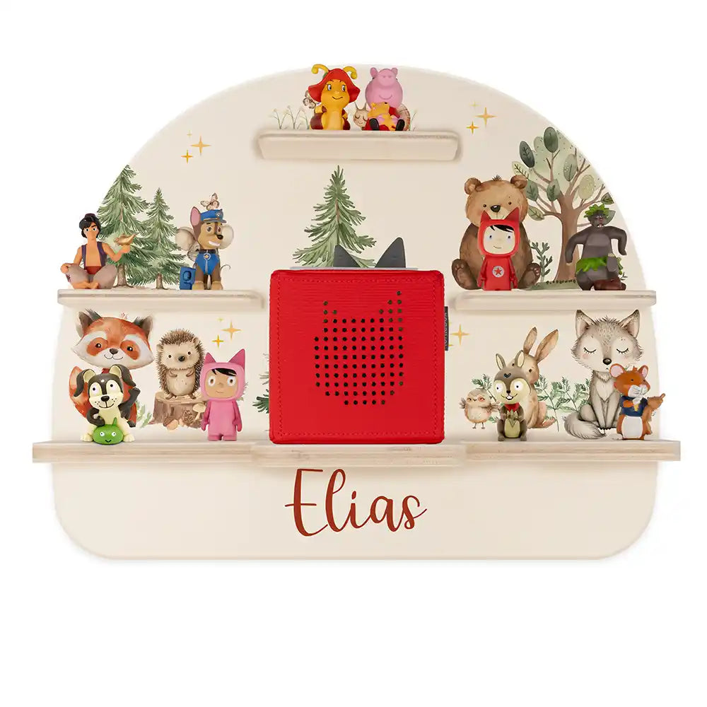 Étagère Toniebox personnalisée Joyeuse forêt – vue principale avec Toniebox 1 et figurines