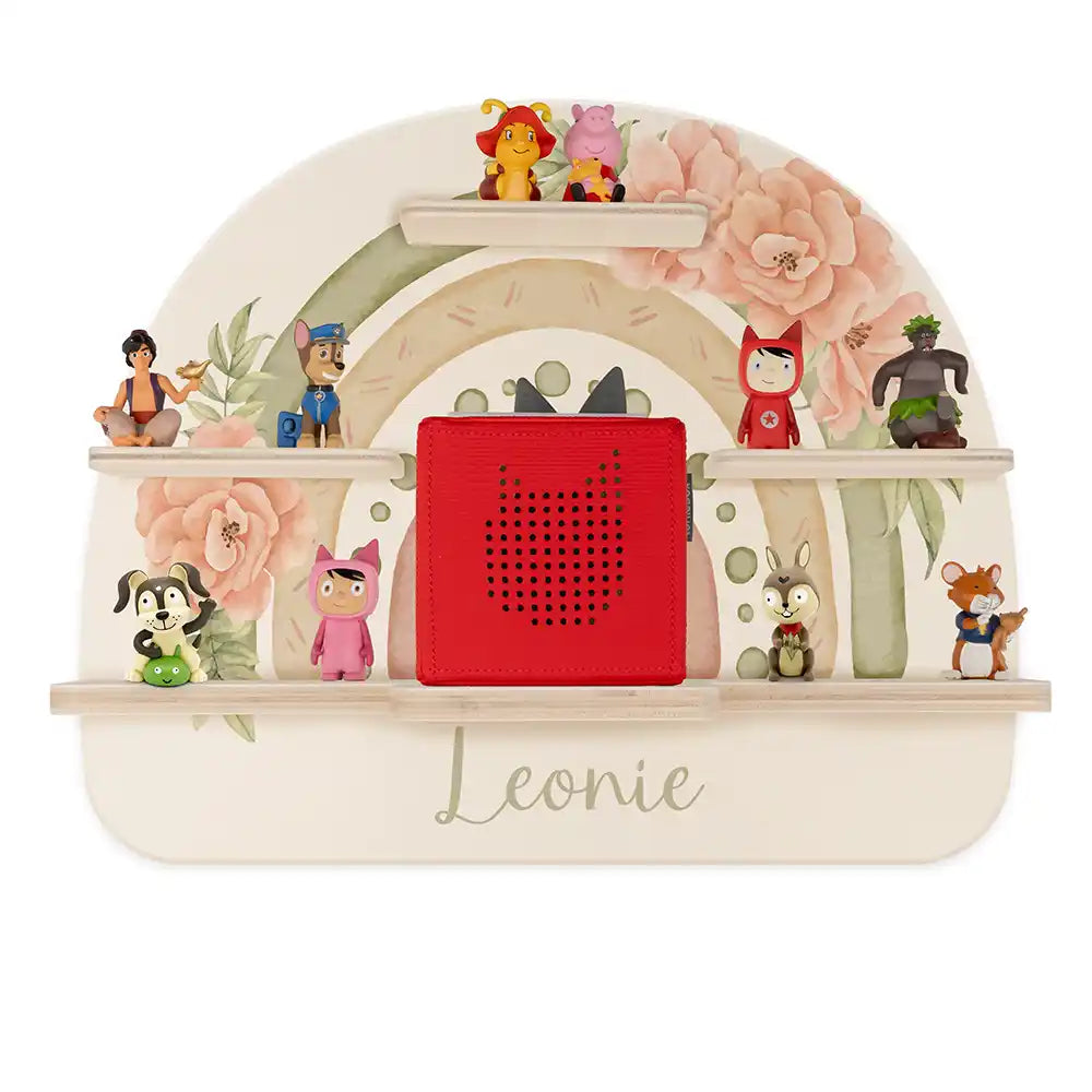 Étagère Toniebox personnalisée Arc-en-ciel fleuri – vue principale avec Toniebox 1 et figurines