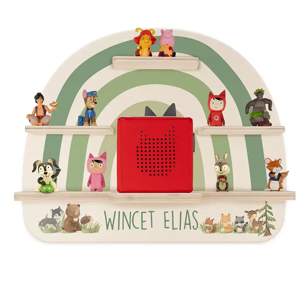 Étagère Toniebox personnalisée Arc-en-ciel multicolore – vue principale avec Toniebox 1 et figurines