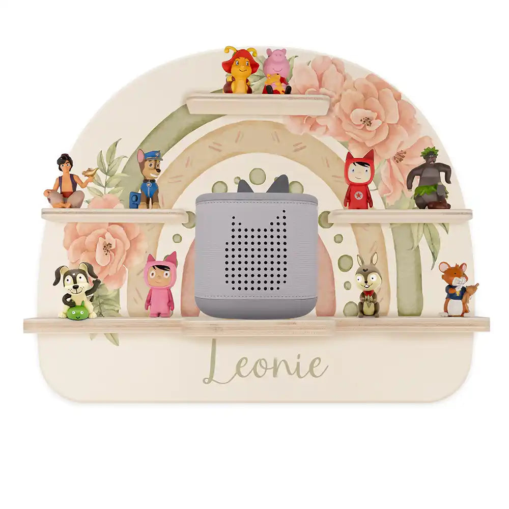 Étagère Toniebox personnalisée Arc-en-ciel fleuri – vue principale avec Toniebox 2